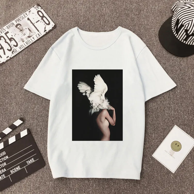 Большие размеры, женская летняя модная повседневная футболка с принтом, Женские топы с цветочным принтом и перьями, свободные топы с коротким рукавом и круглым вырезом, футболки, Camisetas Mujer