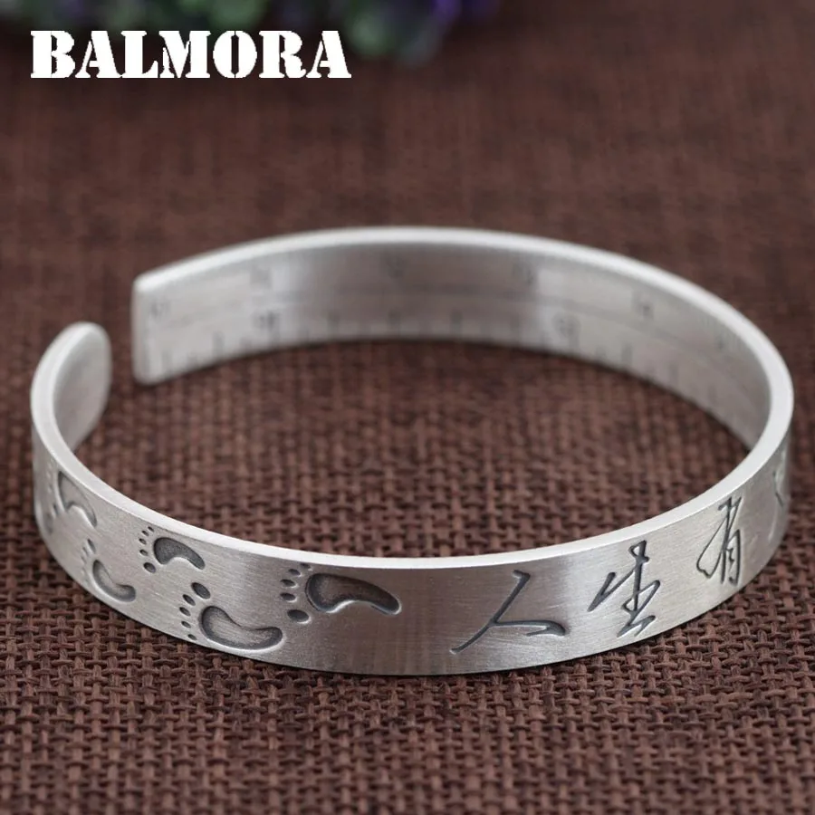 

BALMORA 999 Pure Silver Chinese Character Footprint Open Bangles for Women Men about 17cm Bracelet Jewelry Accessories SZ0313