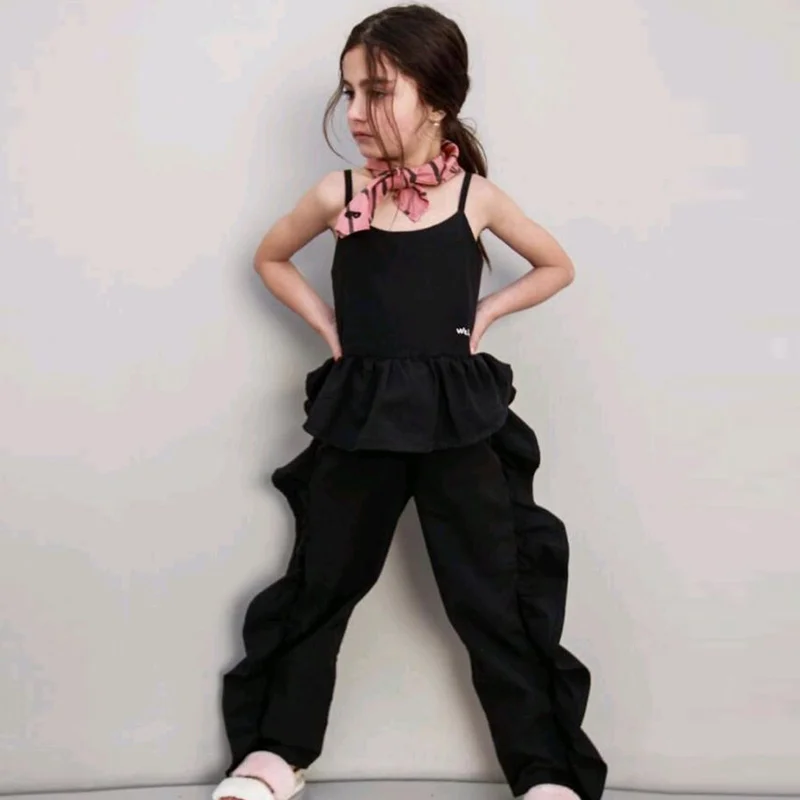 

Toddler Kids Baby Girls Fashion Cool Sleeveless Black Off Shoulder Strap Tops Ruffles Pants Leggings Outfits Set Clothes 2pcs