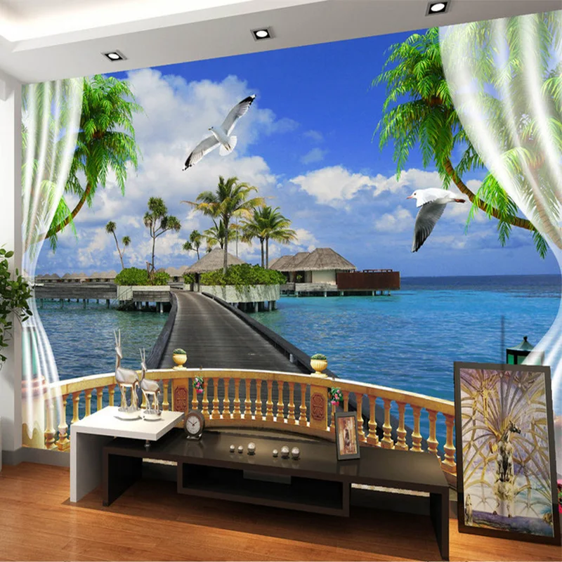 Custom Mural Wallpaper 3D Window Seaside Landscape Balcony Photo Wall