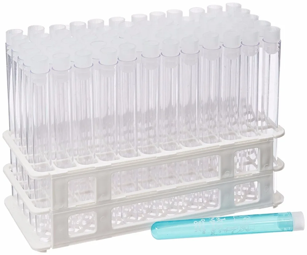 16x150 mm Plastic Test Tube Set With Caps 20ml 60tubes and Rack Single