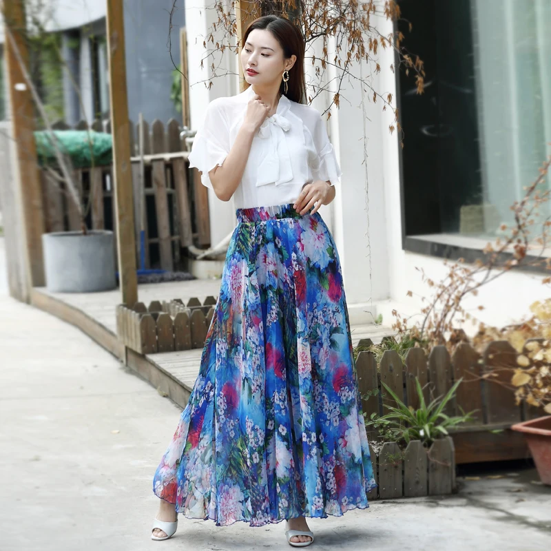 

2019 Women Skirts Summer Lightweight Holiday Beach Pleated Circle Chic Girl Floral Print Long Skirt Boho Hawaii honeymoon Skirts