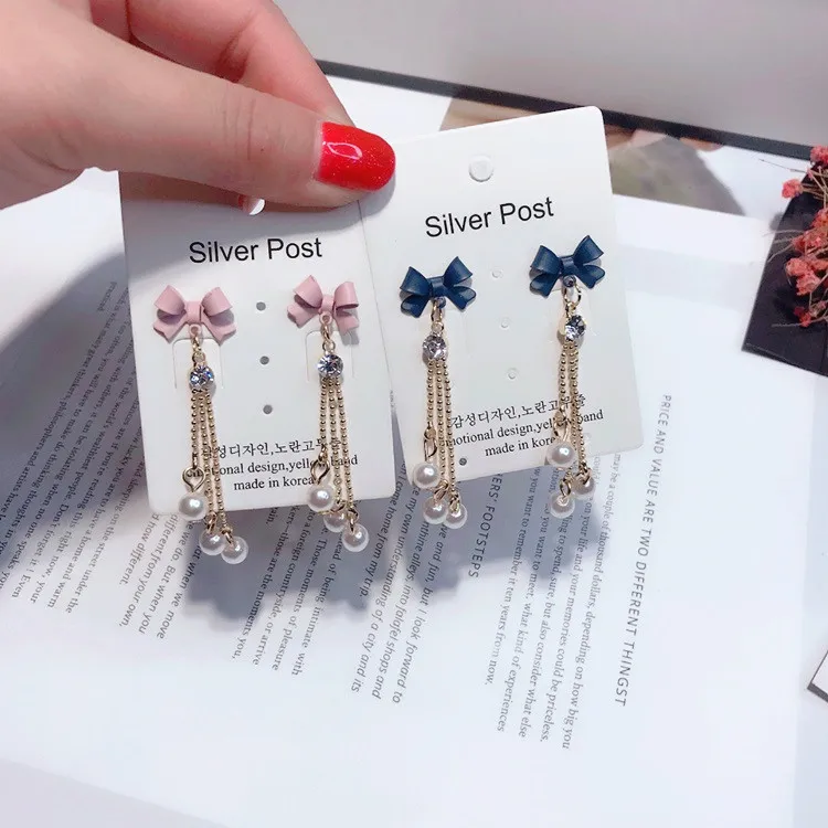 Elegant bow pearls tassel earring 925 silver post Hypoallergenic fadeless fashion jewelry stud earrings for women girl gift