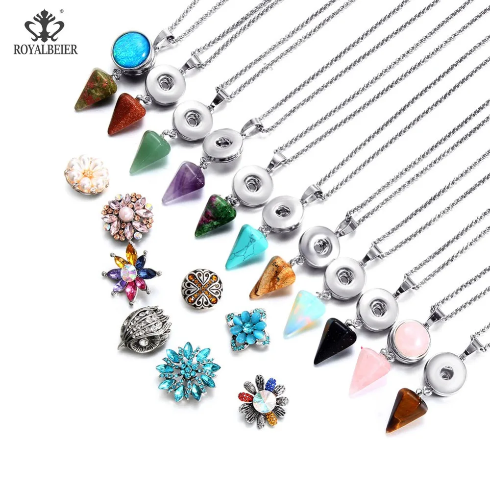 

New Arrivals DIY 18mm Snap button jewelry Natural Crystal stone Awl pendant of necklace with black leather necklace