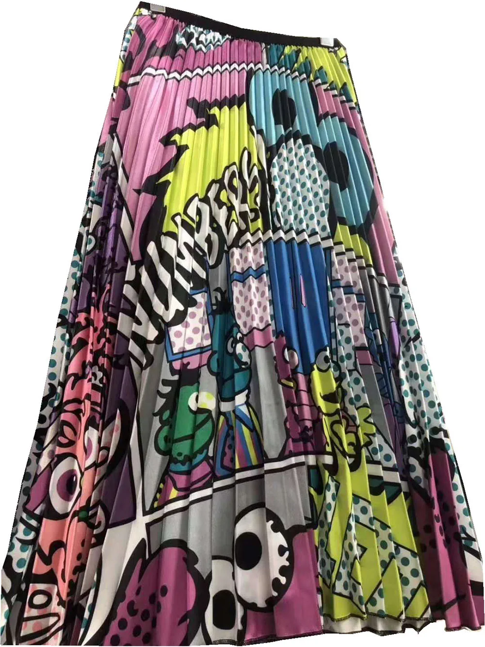 

2019 New Women Clothing A-line Style Skirt Female Elastic Pleated Skirts Interesting Cartoon Daily Lady Office Party Skirt