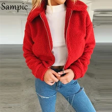 Sampic, женское повседневное пушистое пальто на молнии, плюшевое пальто из искусственного меха, куртка, верхняя одежда с длинным рукавом, теплое Женское зимнее пальто