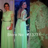 Mint Green Vestidos De Festa Formales Chiffon Backless Beaded Lace 2014 Long Sleeves Celebrity Dresses Evening Party Gown 60332