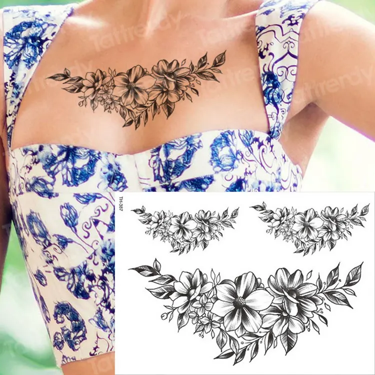 8 шт./партия эскиз татуировка в форме цветка черная Геометрическая наклейка-тату розы цветы эскизы тату дизайн большой водонепроницаемый тату поддельные наборы