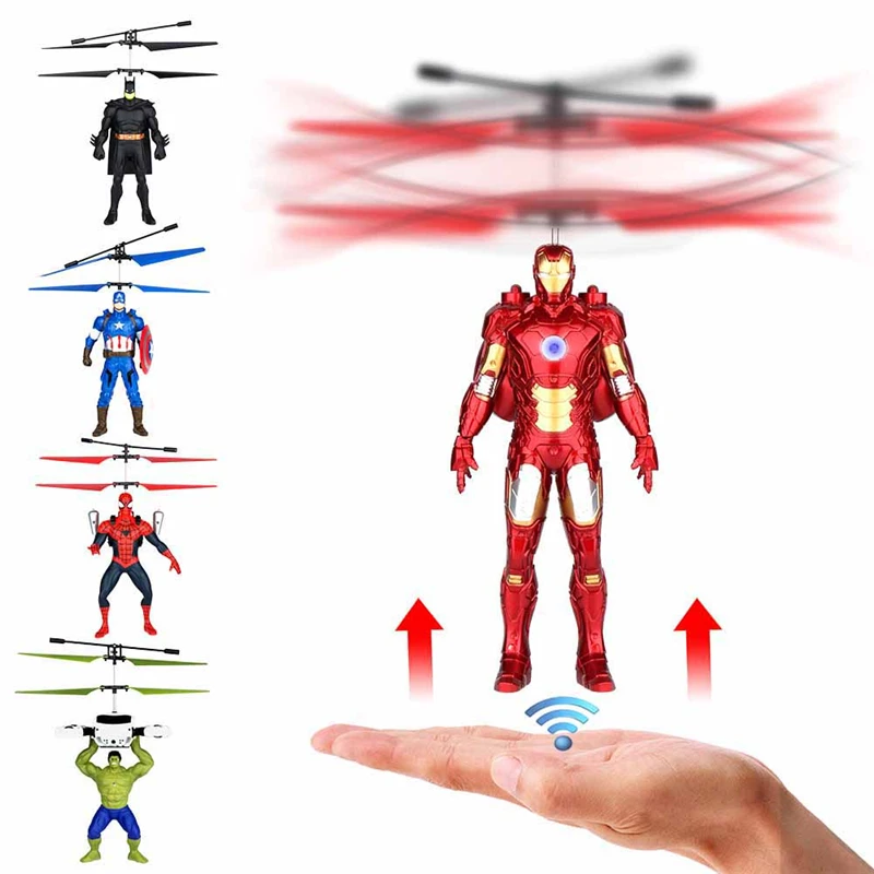 

2018 Anti-drop Helicopter Toy Flying Spiderman Iron Batman Superman Captain America Crystal Ball Quadcopter Kids Action Figures