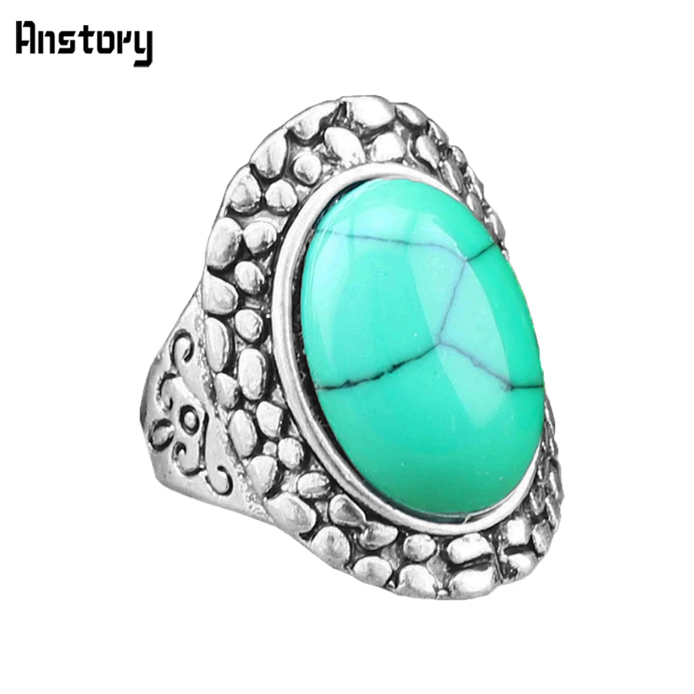 

Crack Dot Green Stone Rings For Women Vintage Antique Silver Plated Fashion Jewelry Party Cocktail Gift R015