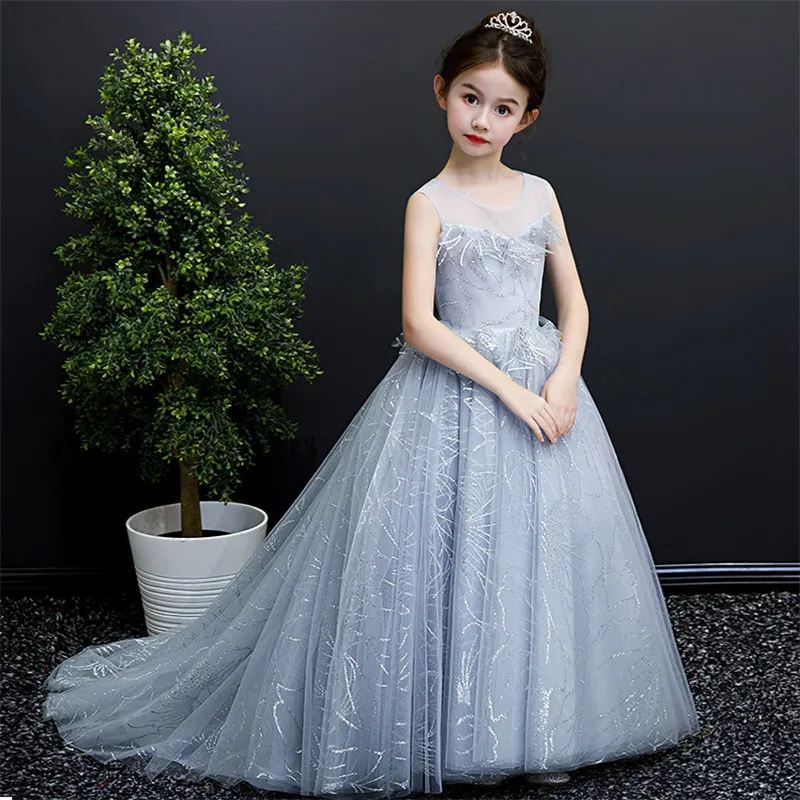 Детское модельное шоу для девочек, модное роскошное длинное Сетчатое платье со шлейфом, элегантное вечернее платье для подростков, длинное платье для церемоний
