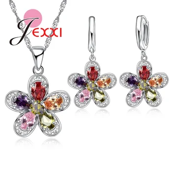 

Colorful Beautiful Flower Pendants Necklace Earrings Jewelry Set 925 Sterling Silver Shiny Cubic Zirconia Accessories