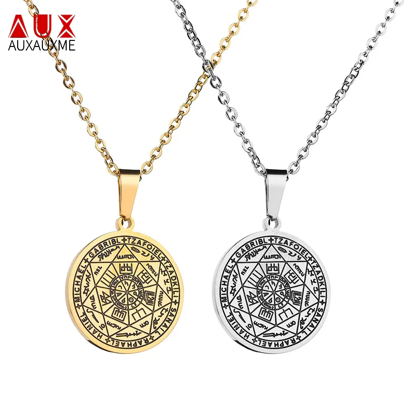 

Auxauxme Vintage Solomon Talisman Heptagram Pendant Necklace For Men Women Gold Stainless Steel Coin Totem Amulet Necklaces Gift