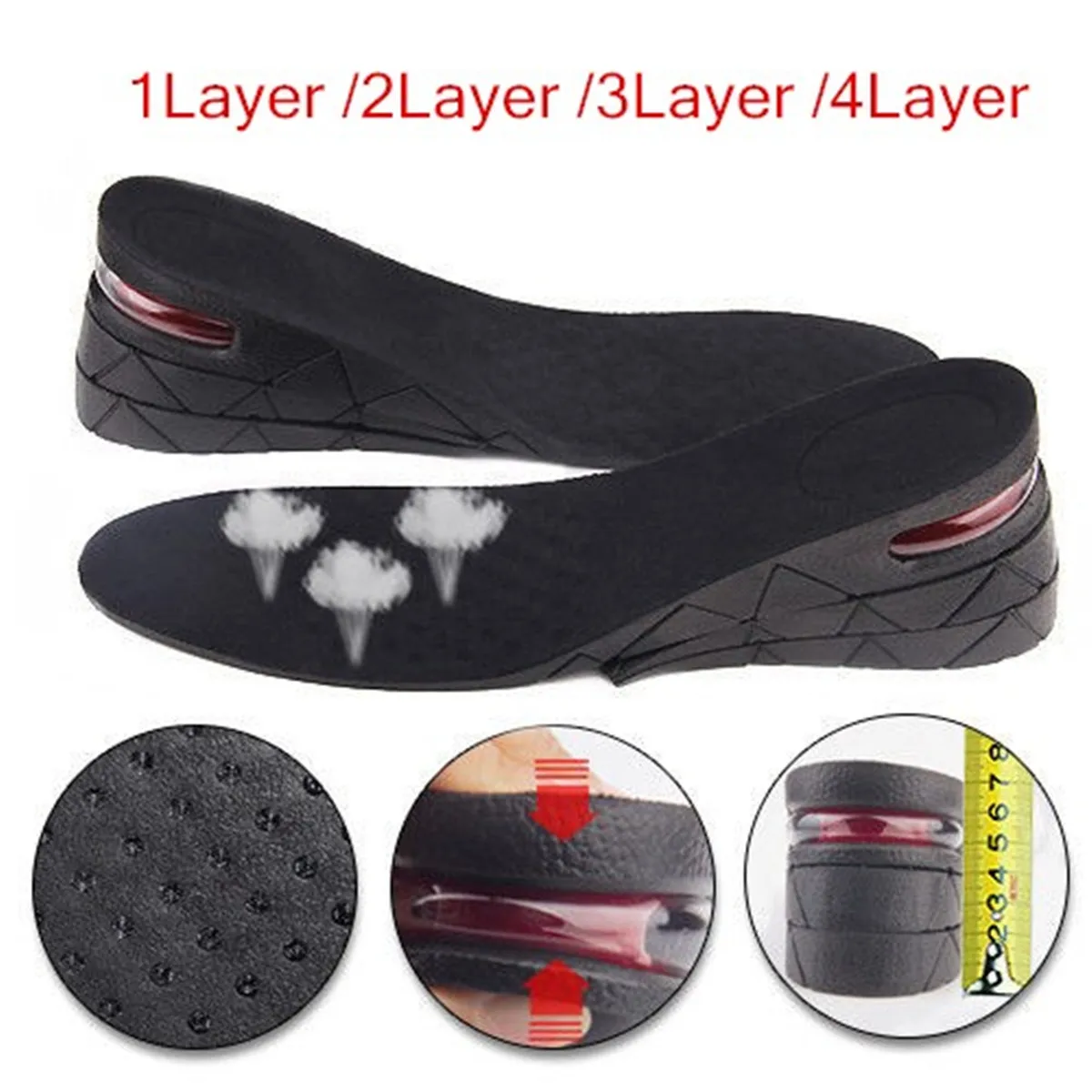 

1 Pair 4 Layer Heel Height Boost Insoles Boot Air Cushion Breathable Taller Shoe Insert Pad Orthotic Arch Decompression Footwear