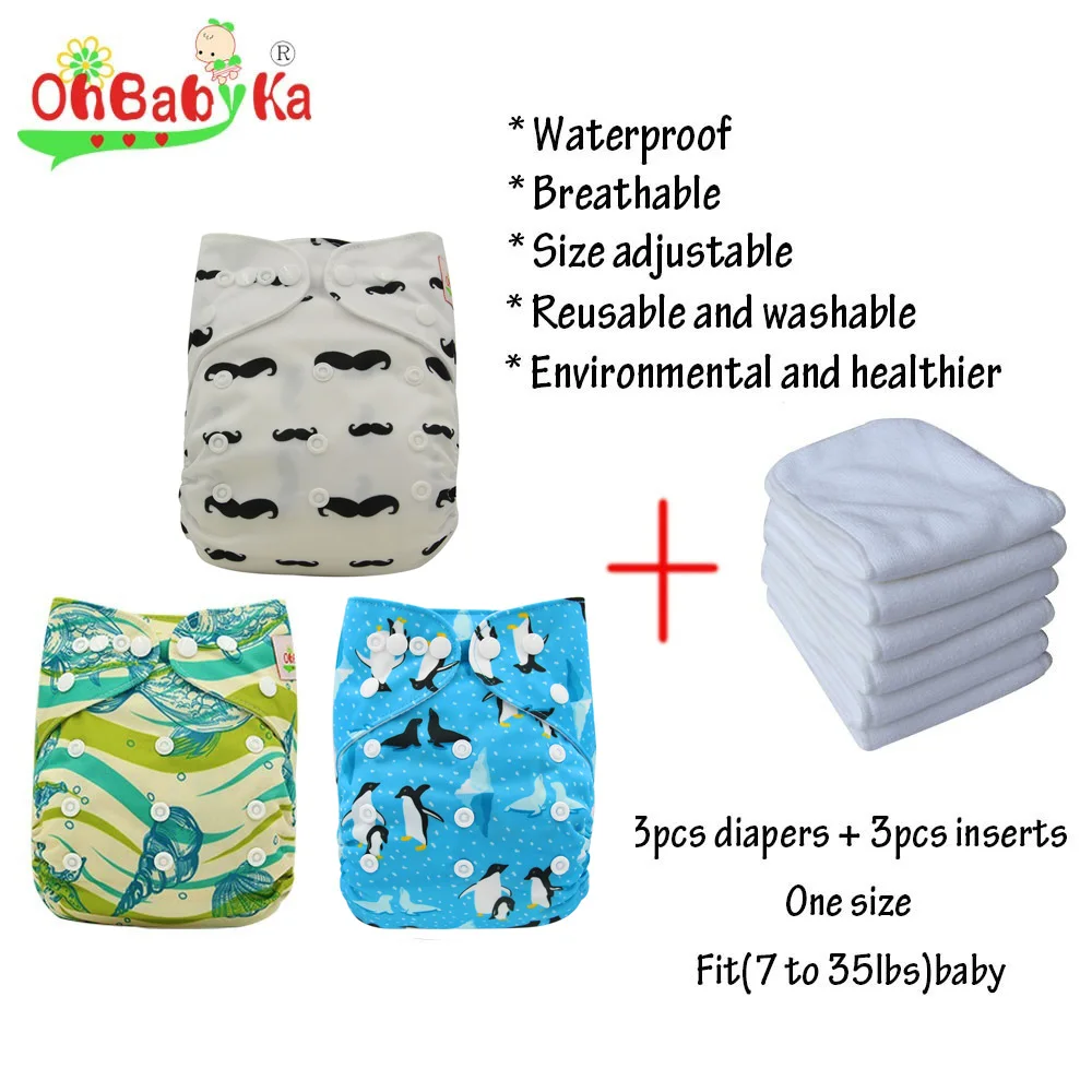 Ohbabyka многоразовые тканевые подгузники 3 шт+ 3 шт детские подгузники животные тканевые подгузники с принтом детские подгузники для новорожденных водонепроницаемые подгузники