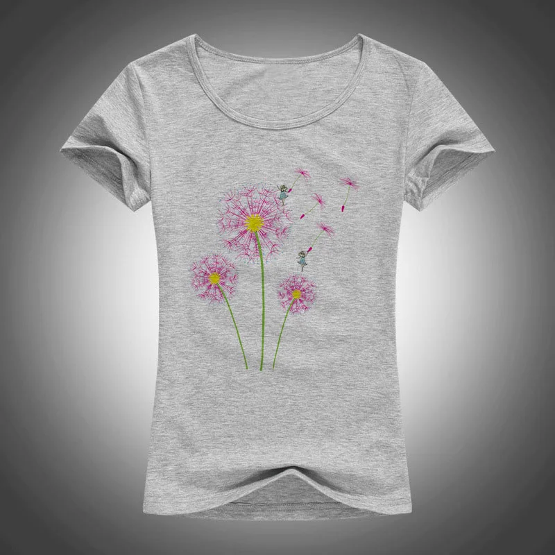 Algodón de alta calidad mujeres diente de león volando impreso verano moda manga corta tops Tees camiseta F33 Algodón de alta calidad mujeres diente de león volando impreso verano moda manga corta tops Tees camiseta F33