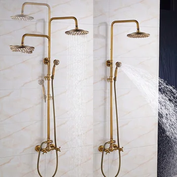 

High Quality Antique Shower Faucet Mixer Tap With 8" Rainfall Shower Head Dual Handle Bath Shower Kit Height Adjustable