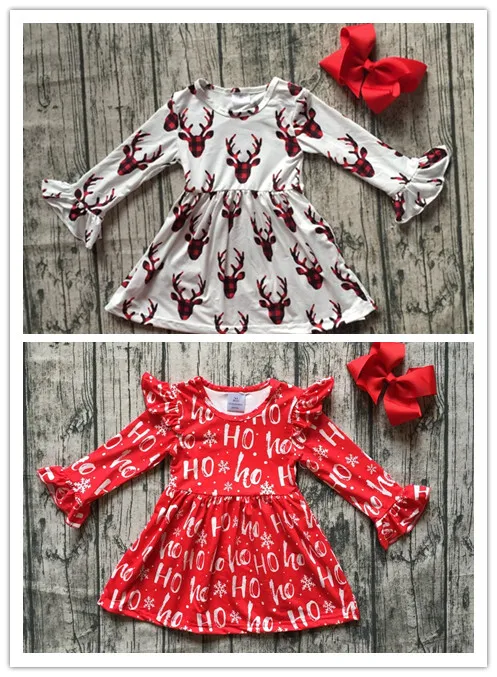 

baby girls boutique Christmas party dress girls plaid reindeer dress red HO ice dress long sleeve milk silk dress with bows