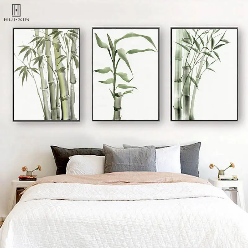 Modern Bamboo Landscape Paintings Watercolor Green Leaves Plants Unframed Canvas Poster Wall Painting For Home Living Room Decor