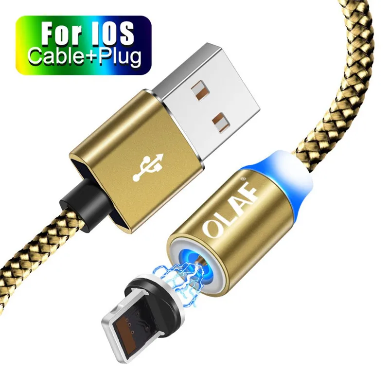 OLAF 2 м светодиодный магнитный USB кабель для iPhone Xs Max 8 7 6 usb type C кабель и оплетка Micro USB кабель для samsung Xiaomi huawei USB C - Цвет: For 8Pin Cable Gold