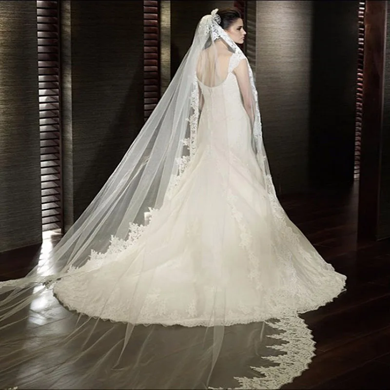 2018 velos de novia 4 метра 2T белые и цвета слоновой кости блёстки сверкающие кружева край
