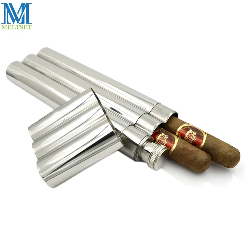 

Mini Hip Flask Mirror Polished With Two Cigar Tube 2Oz Stainless Steel Whiskey Pocket Flask Cigar Pipe Gift Box