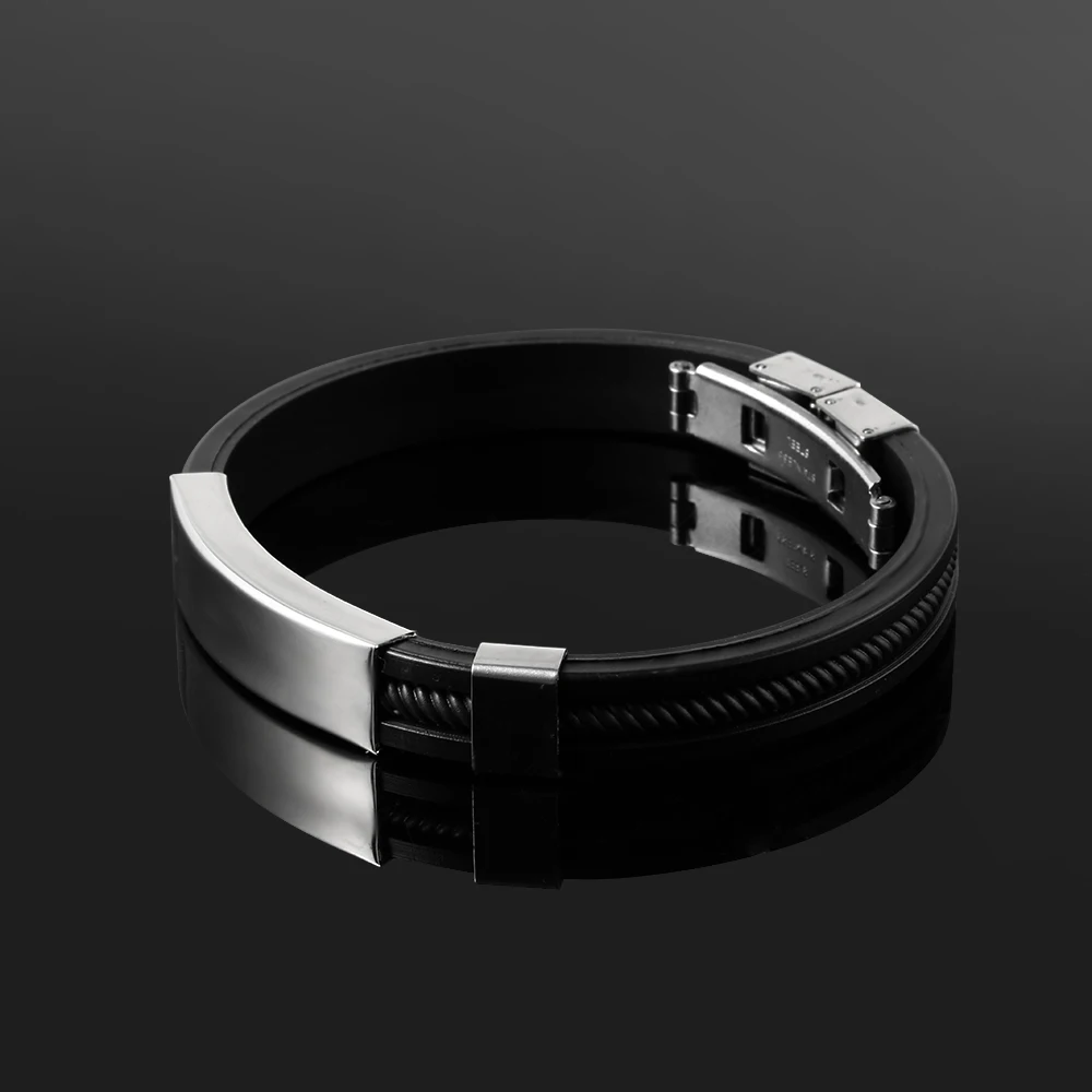 New Fashion Wristband black Punk Rubber Silicone Stainless Steel Men Bracelets Bangles pulseras hombre caucho