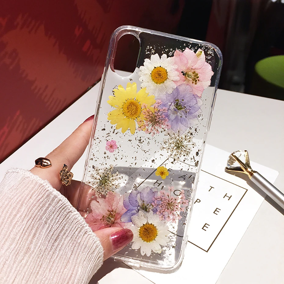 Qianliyao Прозрачный чехол для iPhone 12 11 Pro Max XS XR X 6 6S 7 8 Plus SE с высушенным цветком из