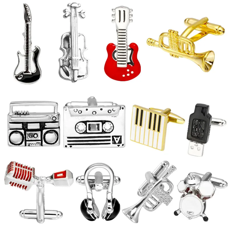 

18 Designs Guitar Violin Fire Extinguishe Cufflinks Music Fire Control Equipment Design Cuff Links Piano Microphone Bass Cuffs