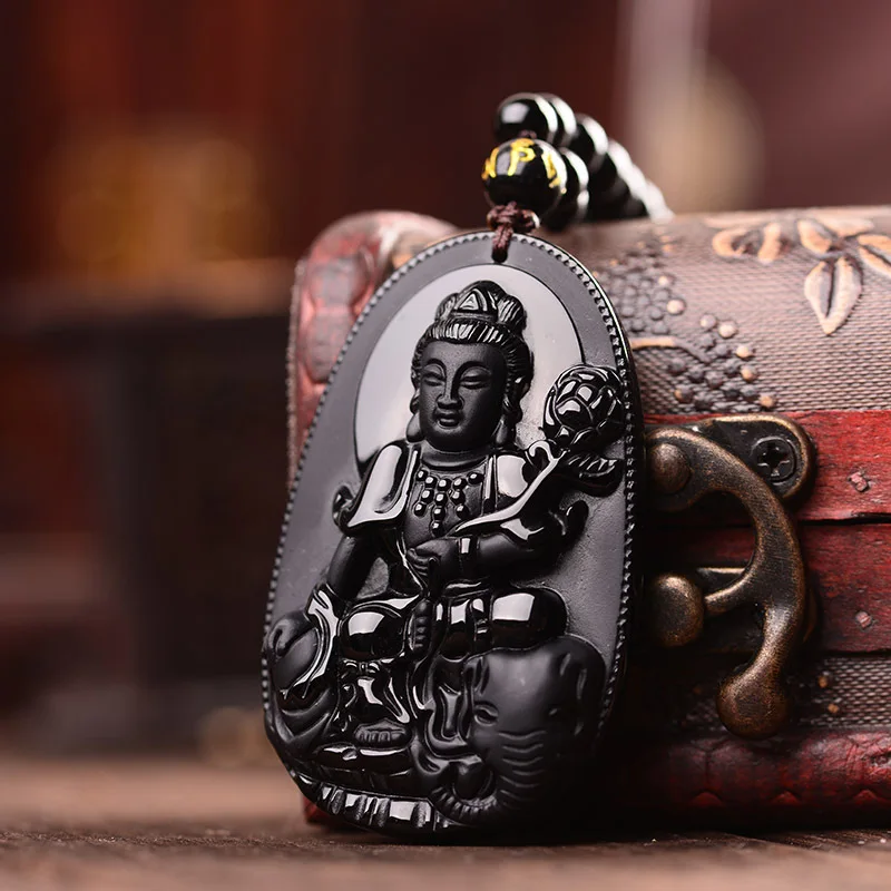 Samantabhadra патрон святой ожерелье Черный Обсидиан Резной Будда счастливый амулет кулон ожерелье для женщин мужчин Подвески Ювелирные изделия