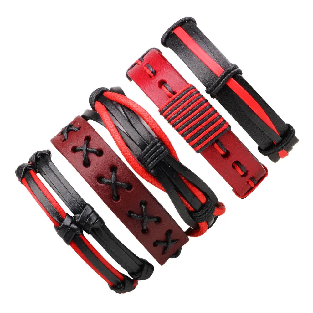 

5-6PCS/Set wholesale Boho casual Hippie Punk Charm Black dark brown Leather Cord Wrap multi Layers Bracelets bangles Set Unisex