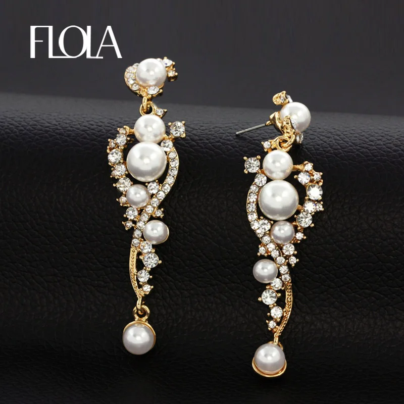 

FLOLA Long Wedding Pearl Earrings for Brides Crystal Rhinestone Dangle Long Gold Earrings Fashion Women Jewelry Party ersh95