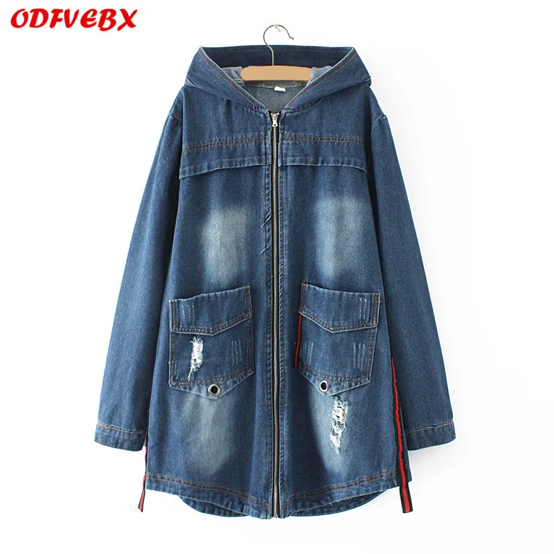 

plus size XL-4XL blue women's Jeans Jacket 2019 Korean loose Denim jacket medium long denim hooded autumn women windbreaker coat