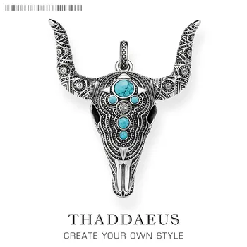 

Pendant Blue Bull Head Skull,2019 Fashion Punk Ethnic Jewelry Europe 925 Sterling Silver Bijoux Gift For Woman & Rebel Men