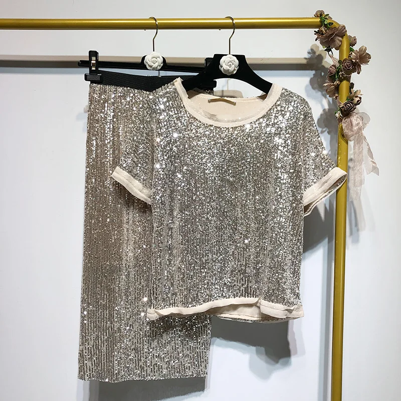 

Sparkling short-sleeved loose T-shirt + high waist skirt two-piece suit female tide
