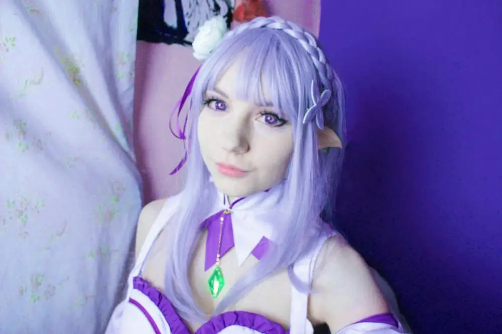 New ReZero kara Hajimeru Isekai Seikatsu Emilia Cosplay Costume Fancy Dress+Elf Ears Halloween Adult Costumes for Women (42)
