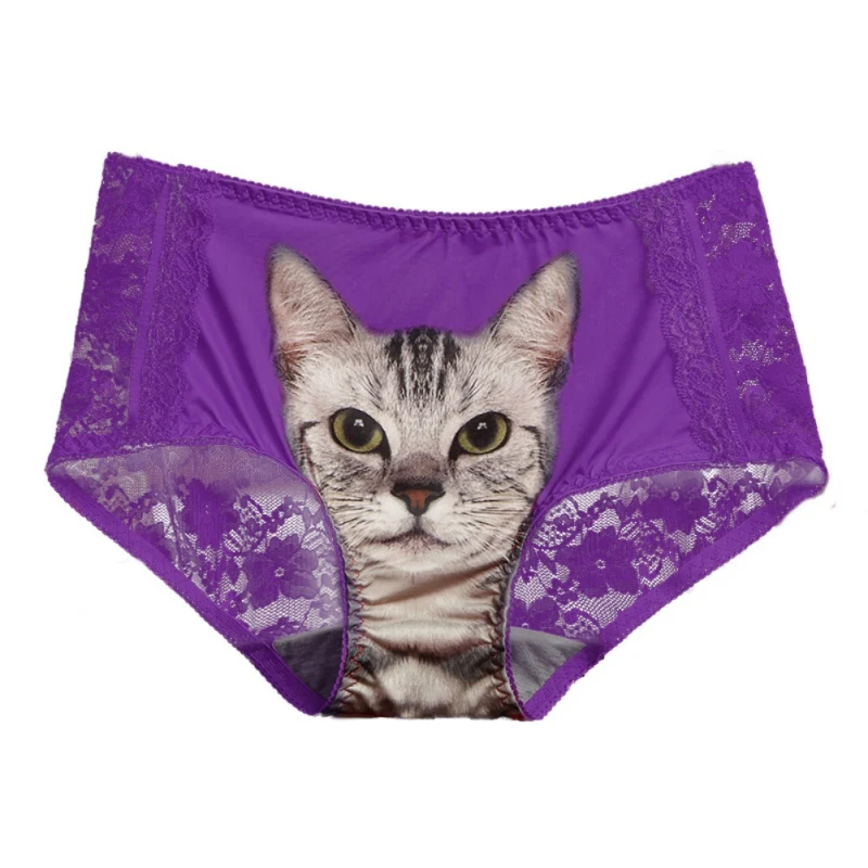 Sexy Lace Cute Cats Print Briefs Women Cotton Underwear Ultra Slim