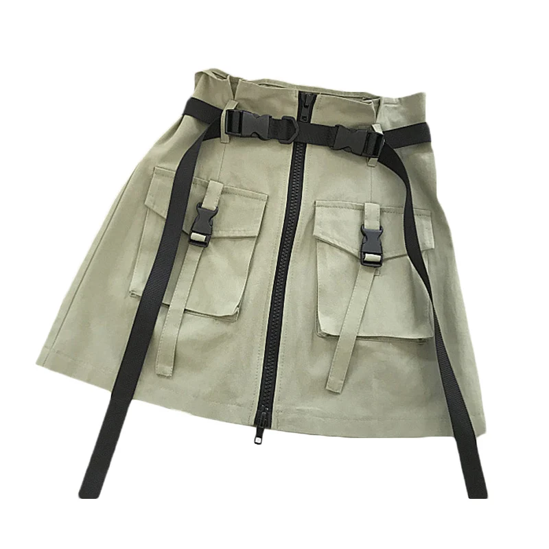 Трапециевидная Женская мини-юбка-карго на молнии с карманами и поясом, облегающая однотонная женская короткая юбка, летняя сексуальная женская юбка черного цвета и цвета хаки