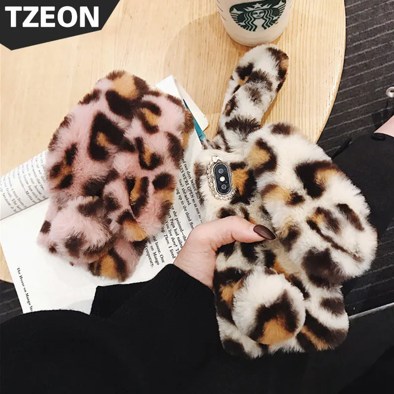 

Lovely Cute Rabbit Ear Leopard Pattern Warm Hairy Plush Fur Case For IPhone XSmax XR XS X 8 8Plus 7 7Plus 6S Plus 6 Soft Cover