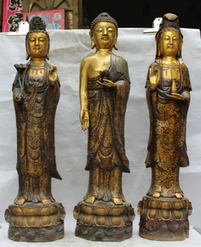 

bi001372 32" Tibet Buddhism Bronze Gild Two Kwan-yin Shakyamuni Amitabha Buddha Statue