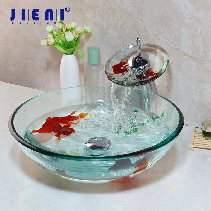 Jieni Tempered Glass Bathroom Vessel Sink Waterfall Chrome Brass