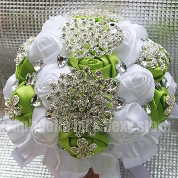 Прочный роскошный Травяной Зеленый Белый Шелковый цветок букет Павлин бриллианты цветок брошь свадебные букеты можно настроить W2797 - Цвет: 18CM As picture