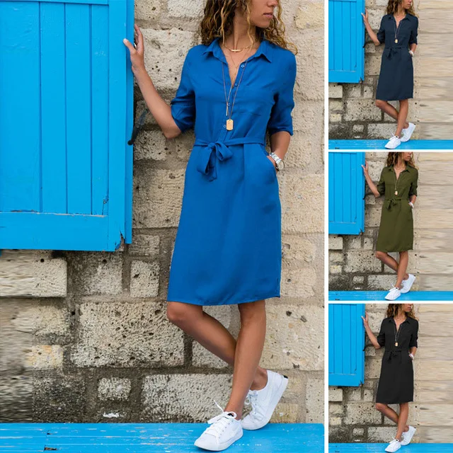 

New Autumn Winter Women Three Quarter Shirt Dress Fashion Ladies Turn-Down Collar Casual Loose Dresses Vestidos