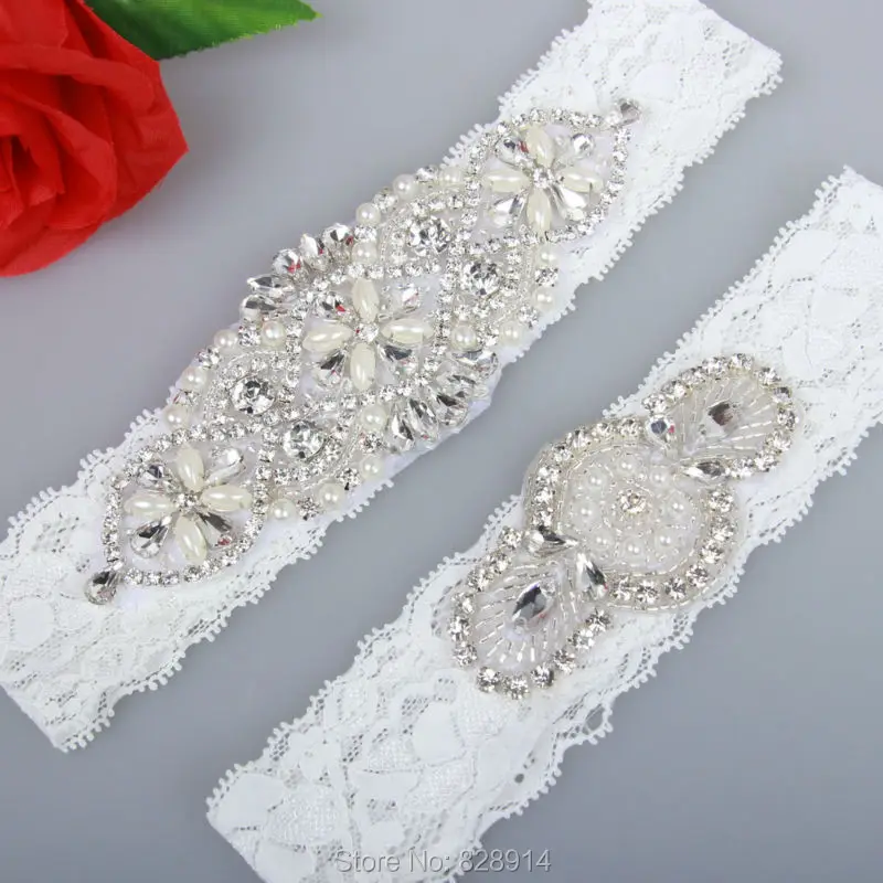 

Original Design Clear Rhinestones Beaded White Lace Wedding Bridal Garter Set Including Keepsake garter and Toss garter