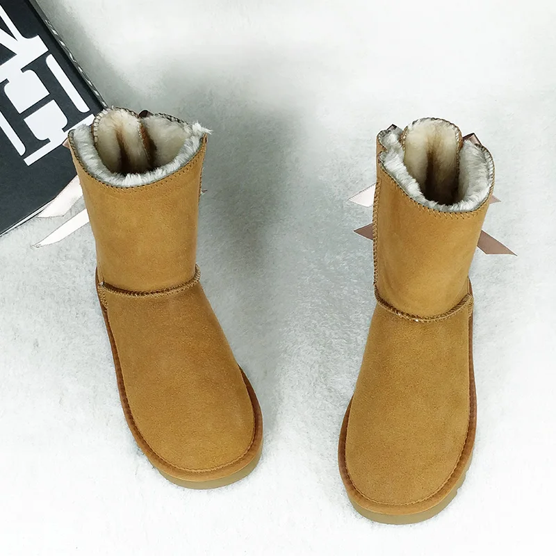 Dumoo/брендовые зимние ботинки; женские классические ботинки из натуральной замши с бантом; теплые шерстяные ботинки на меху; женская обувь; большие размеры 45