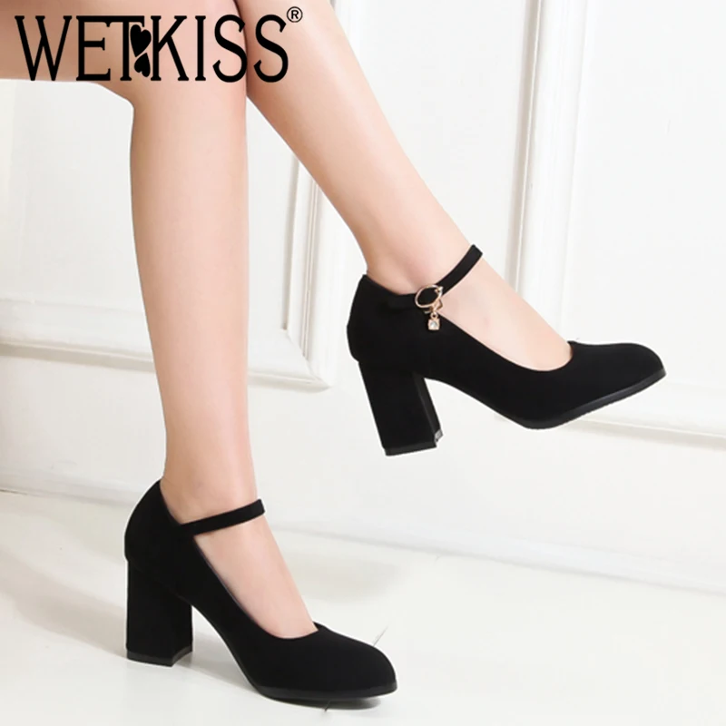

WETKISS Ankle Strap Pumps Women Round Toe Footwear Ankle Strap Shoes Female Office Crystal High Heels Shoes Woman Spring 2019