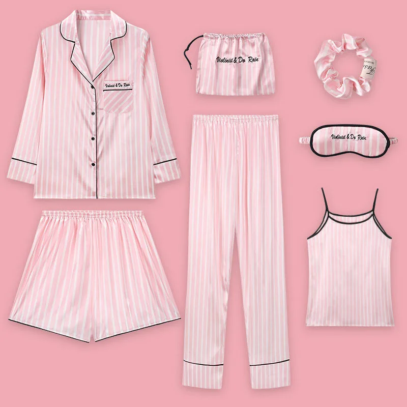 

Pajamas Women Sleepwear pajamas Sets 7pcs/set Silk like Night suit for women nightgown babydolls women pajamas set with Eye mask