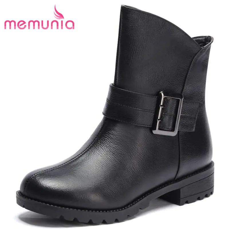 

MEMUNIA 2018 NEW fashion round toe square low heels ankle boots for women slip on genuine leather boots buckle winter boots