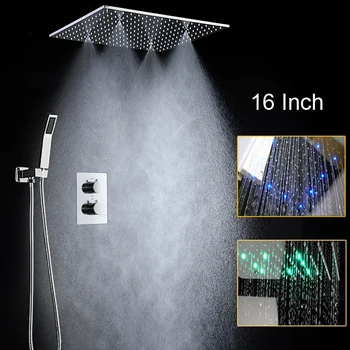 

Rain Shower Set 16 Inch 2 Functions Shower Head with LED lights 3 Colors Thremostatic Mixer Shower Faucets Square Ceiling Bath