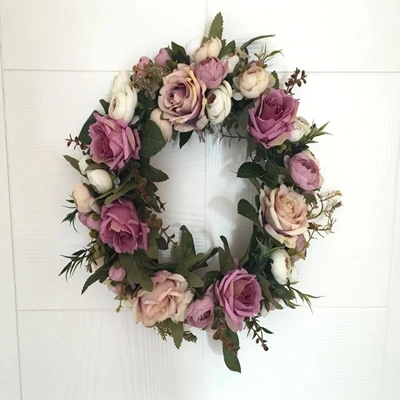 Christmas Silk Peony Rose Artificial Flowers Wreath Door High Quality Artificial Garland For Wedding decoration Home Party Decor - Цвет: B purple 35cm